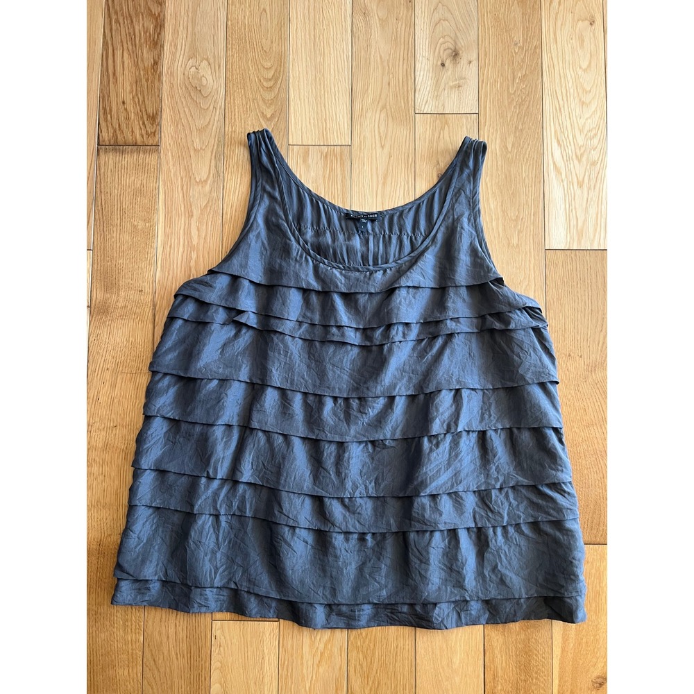 Eileen Fisher 100% Silk Tiered Ruffle Tank Top Dark Gray Womens Size Large